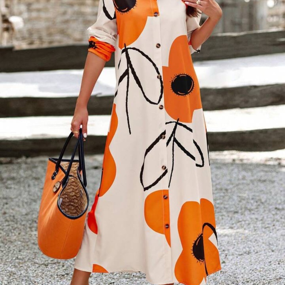 Floral Button-Down Maxi Dress - Orange and Cream Sz S